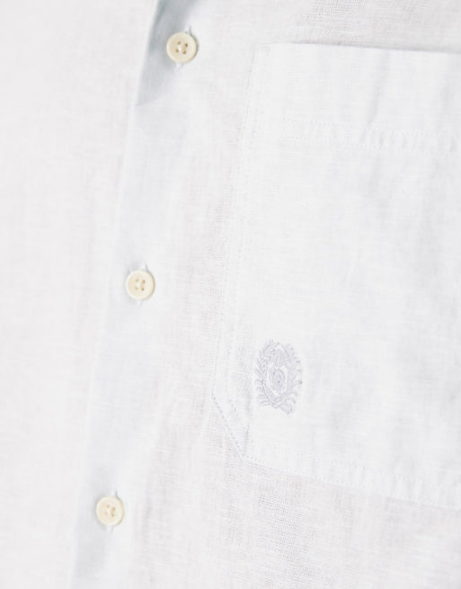DESIGN Boxy Linen Blend Shirt With Tonal Chest Embroidery In Blue