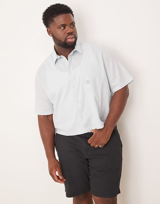 DESIGN Boxy Linen Blend Shirt With Tonal Chest Embroidery In Blue