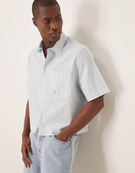 DESIGN boxy linen blend shirt with tonal chest embroidery in blue