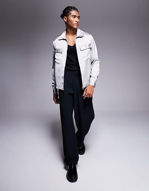 DESIGN Boxy Overshirt With Patch Pockets And Zip In Grey