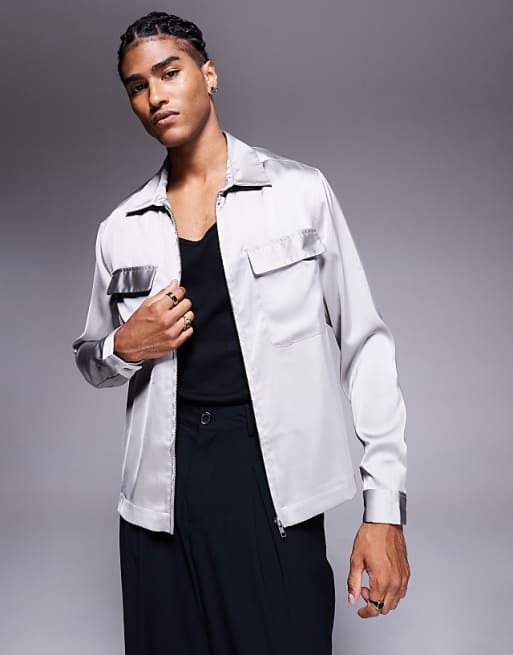 DESIGN boxy overshirt with patch pockets and zip in grey