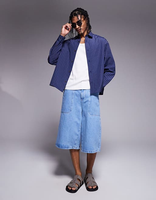 DESIGN Boxy Oversized Check Shirt In Navy