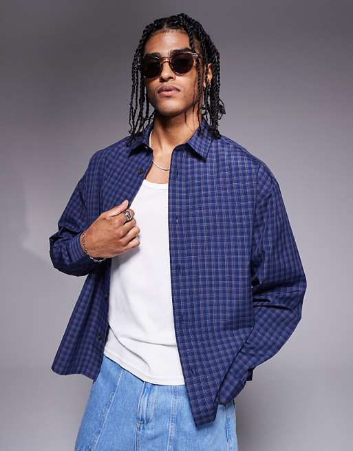 DESIGN boxy oversized check shirt in navy