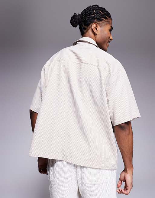 DESIGN Boxy Oversized Check Shirt With Chest Embroidery In Beige