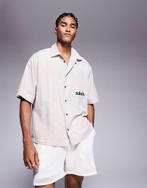 DESIGN boxy oversized check shirt with chest embroidery in beige