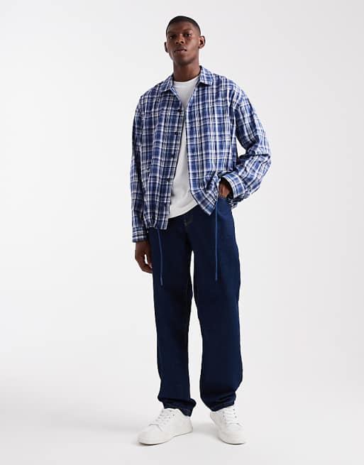DESIGN Boxy Oversized Check Shirt With Embroidery In Blue