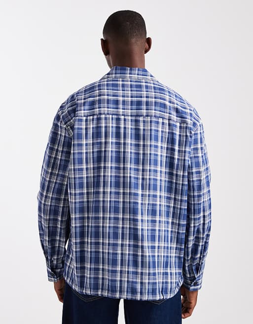DESIGN Boxy Oversized Check Shirt With Embroidery In Blue