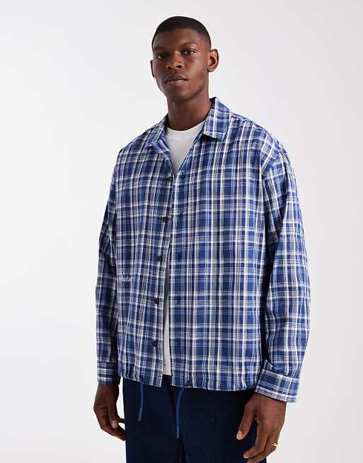 DESIGN boxy oversized check shirt with embroidery in blue