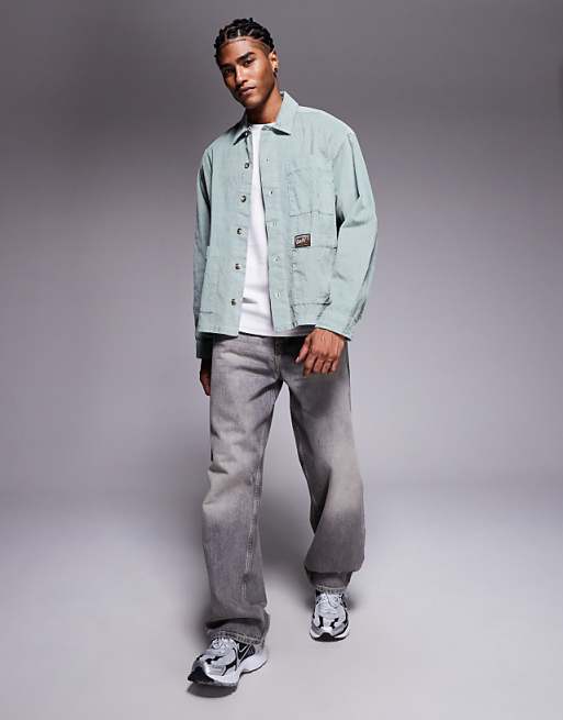 DESIGN Boxy Oversized Cord Shirt With Badge Detail In Green