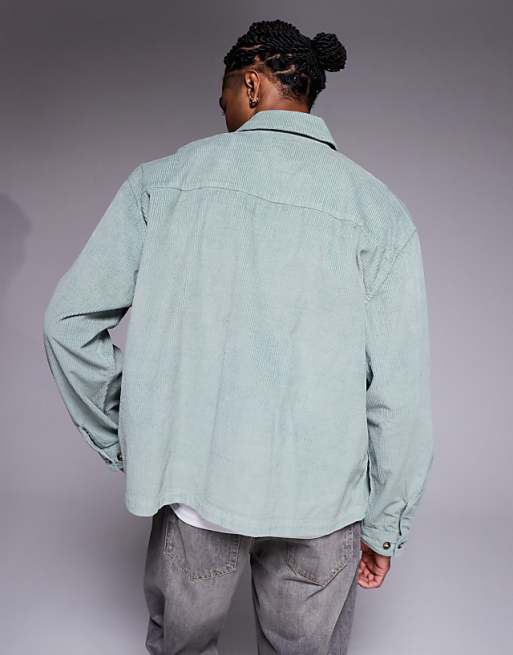 DESIGN Boxy Oversized Cord Shirt With Badge Detail In Green
