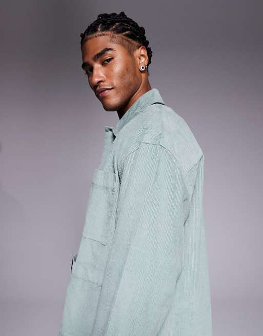 DESIGN Boxy Oversized Cord Shirt With Badge Detail In Green