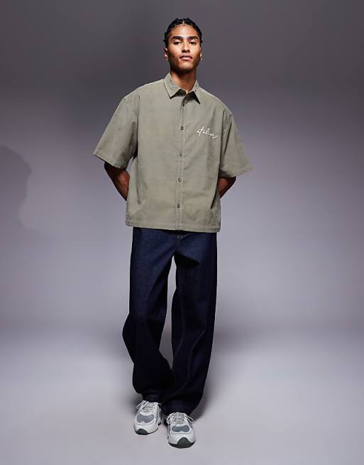 DESIGN Boxy Oversized Cord Shirt With Chest Embroidery In Khaki