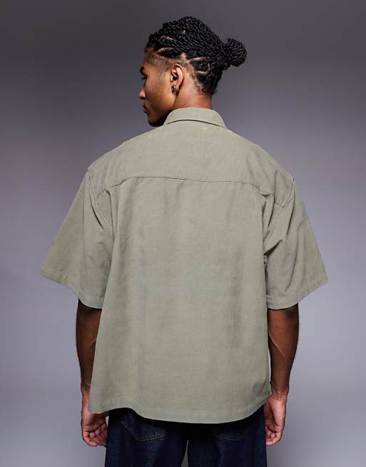 DESIGN Boxy Oversized Cord Shirt With Chest Embroidery In Khaki