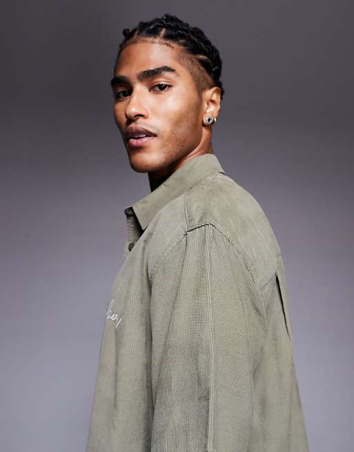DESIGN Boxy Oversized Cord Shirt With Chest Embroidery In Khaki