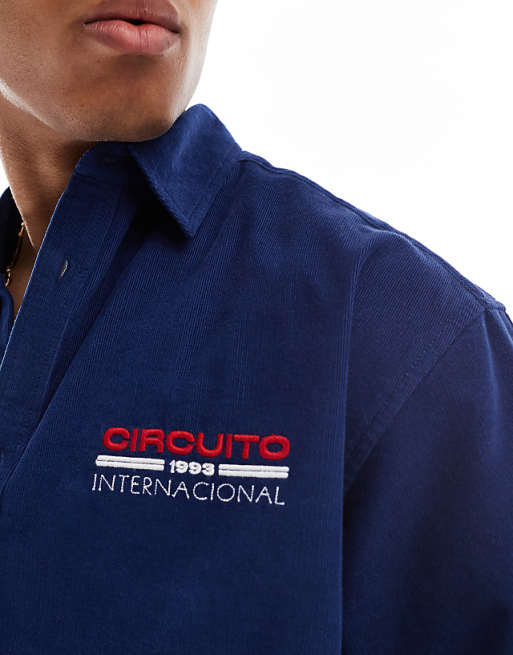 DESIGN Boxy Oversized Cord Shirt With Chest Embroidery In Navy