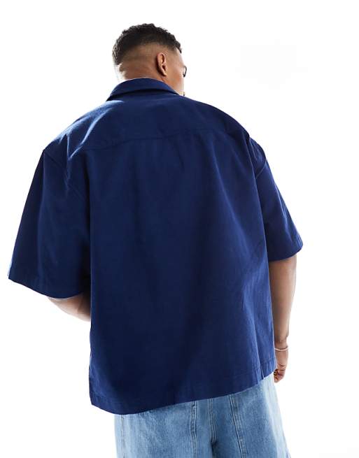 DESIGN Boxy Oversized Cord Shirt With Chest Embroidery In Navy