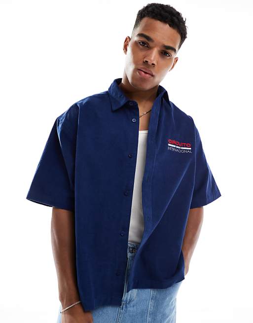 DESIGN boxy oversized cord shirt with chest embroidery in navy