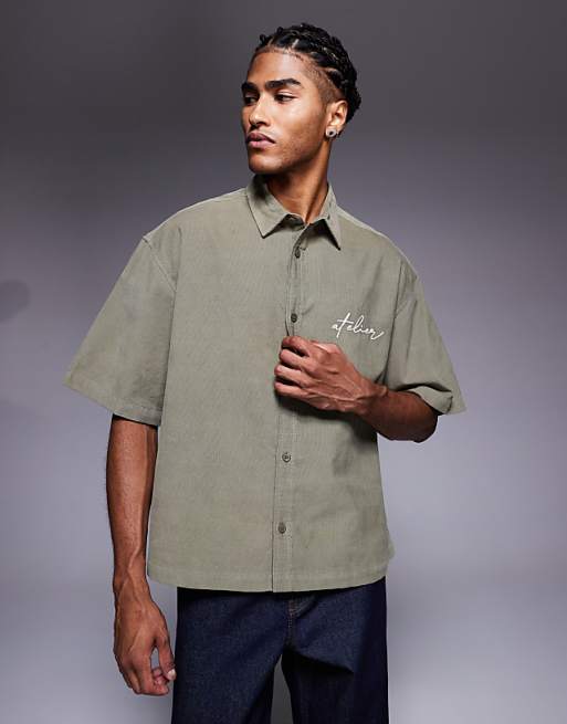 DESIGN boxy oversized cord shirt with chest embroidery in khaki