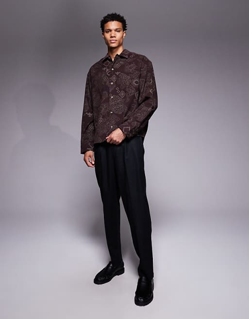 DESIGN Boxy Oversized Cord Shirt With Floral Print In Brown
