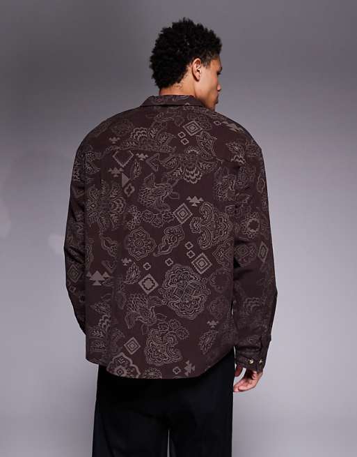 DESIGN Boxy Oversized Cord Shirt With Floral Print In Brown