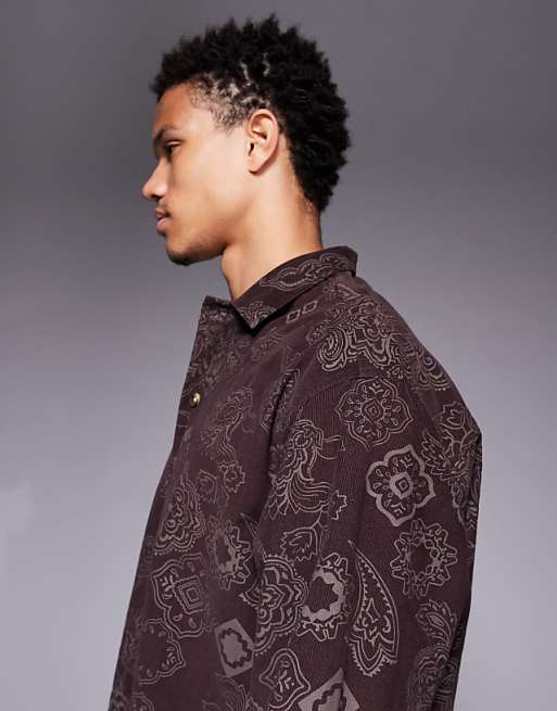 DESIGN Boxy Oversized Cord Shirt With Floral Print In Brown
