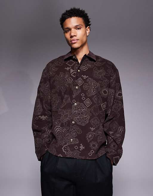 DESIGN boxy oversized cord shirt with floral print in brown