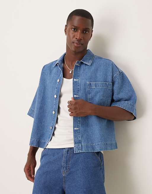 DESIGN boxy oversized denim shirt in mid wash