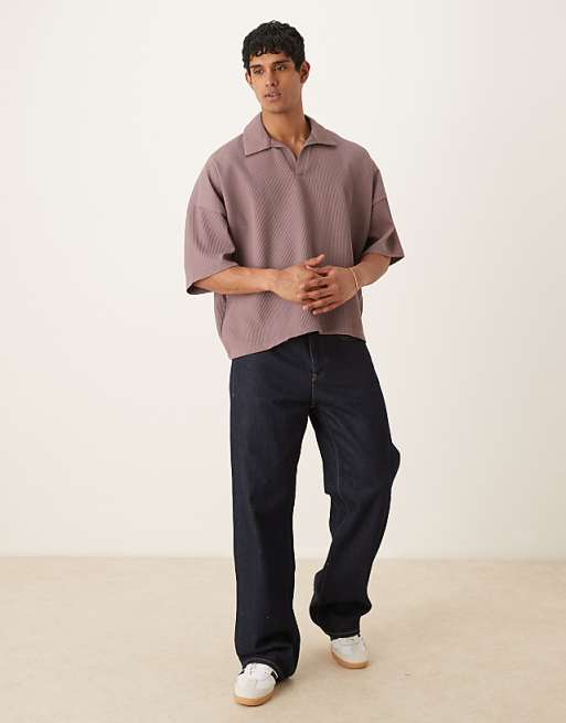 DESIGN Boxy Oversized Drop Shoulder Plisse Polo In Washed Purple