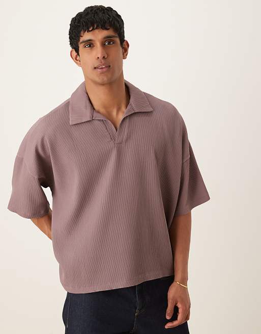 DESIGN boxy oversized drop shoulder plisse polo in washed purple