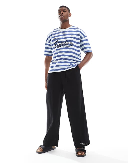 DESIGN Boxy Oversized Dropped Shoulder Striped T-shirt With Back Print In Blue And White