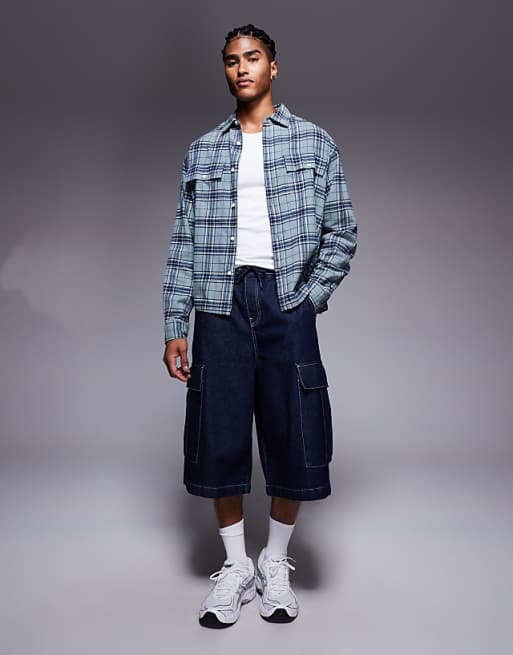 DESIGN Boxy Oversized Flannel Check Shirt In Blue