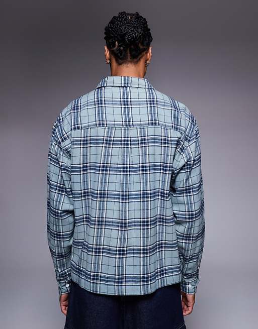 DESIGN Boxy Oversized Flannel Check Shirt In Blue
