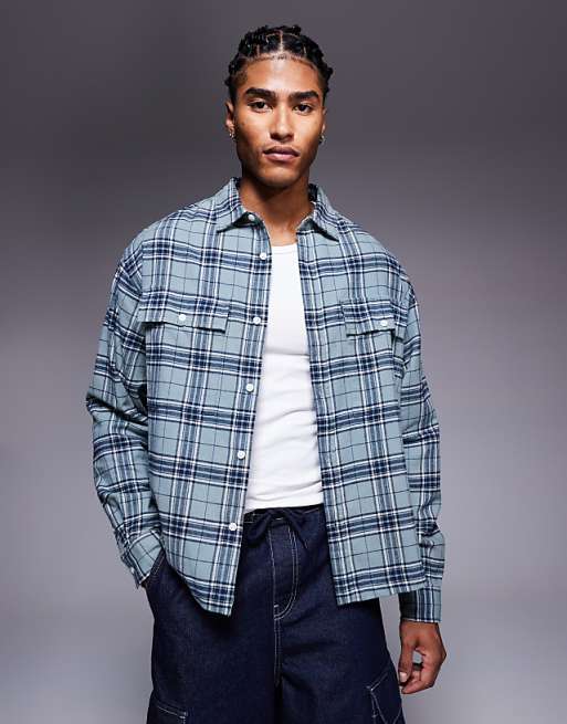 DESIGN boxy oversized flannel check shirt in blue
