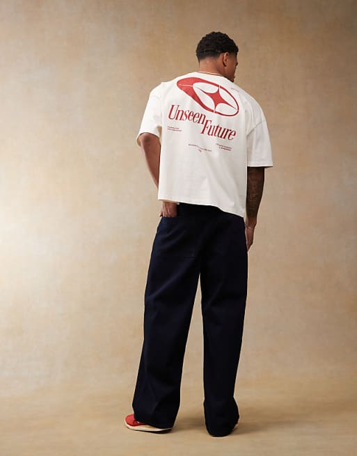DESIGN Boxy Oversized Heavyweight Dropped Shoulder T-shirt With Back Print In Cream