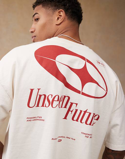 DESIGN boxy oversized heavyweight dropped shoulder t-shirt with back print in cream