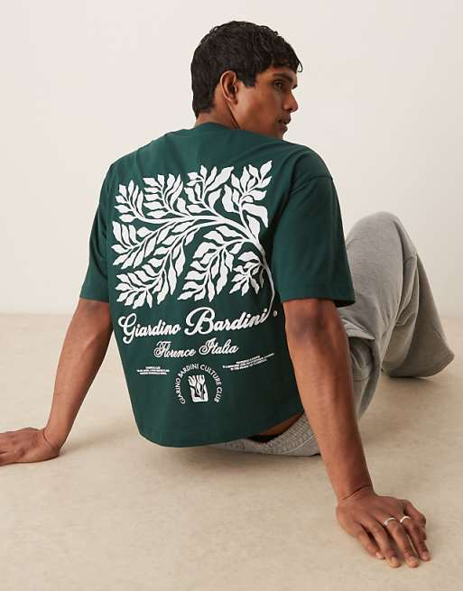 DESIGN boxy oversized heavyweight t-shirt with leaf print in green