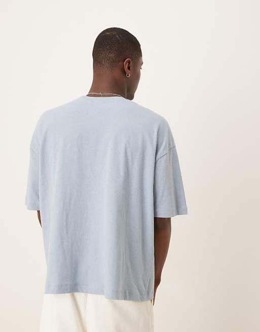 DESIGN Boxy Oversized Linen Blend T-shirt With Cafe Graphic In Light Blue