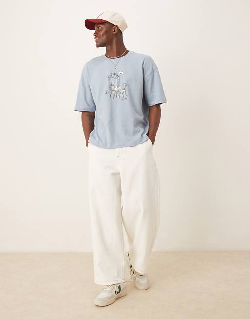 DESIGN Boxy Oversized Linen Blend T-shirt With Cafe Graphic In Light Blue
