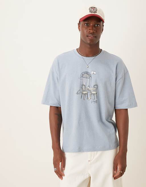 DESIGN Boxy Oversized Linen Blend T-shirt With Cafe Graphic In Light Blue