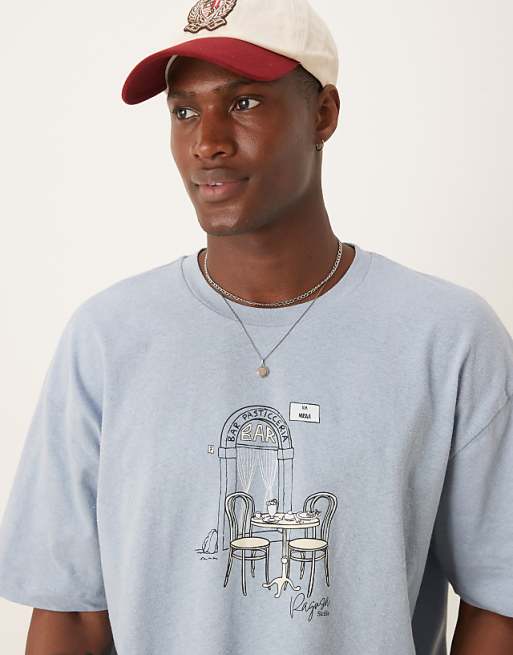 DESIGN boxy oversized linen blend t-shirt with cafe graphic in light blue