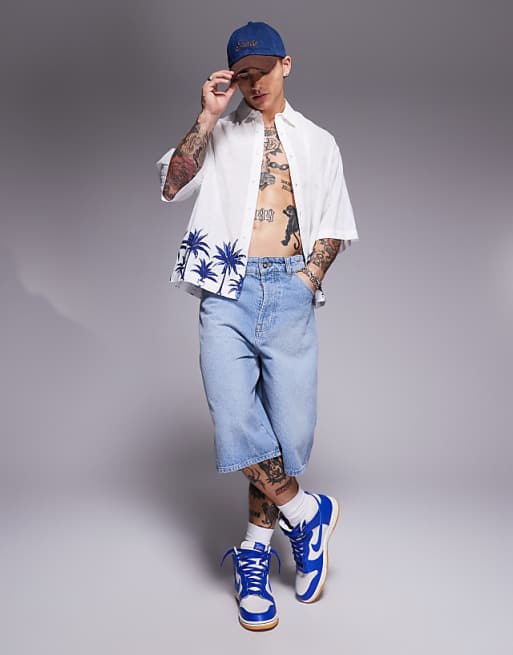 DESIGN Boxy Oversized Linen Look Shirt With Palm Tree Print In White