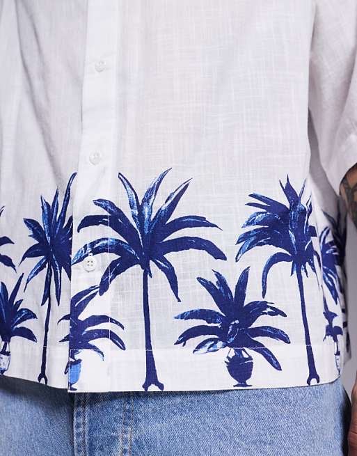 DESIGN Boxy Oversized Linen Look Shirt With Palm Tree Print In White