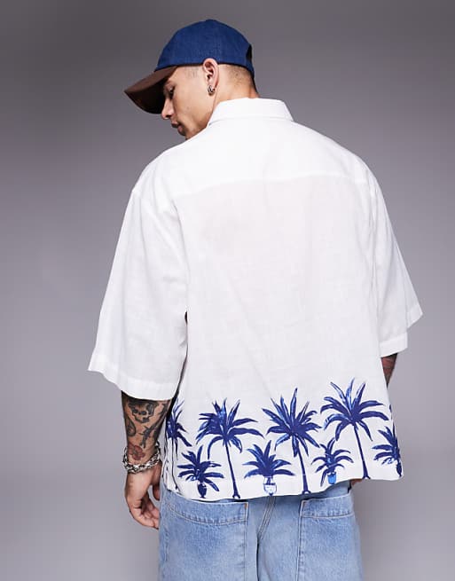 DESIGN Boxy Oversized Linen Look Shirt With Palm Tree Print In White