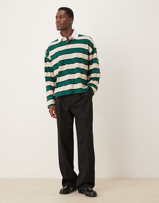DESIGN Boxy Oversized Long Sleeve Rugby Polo With Dropped Shoulder In Green And White Stripe