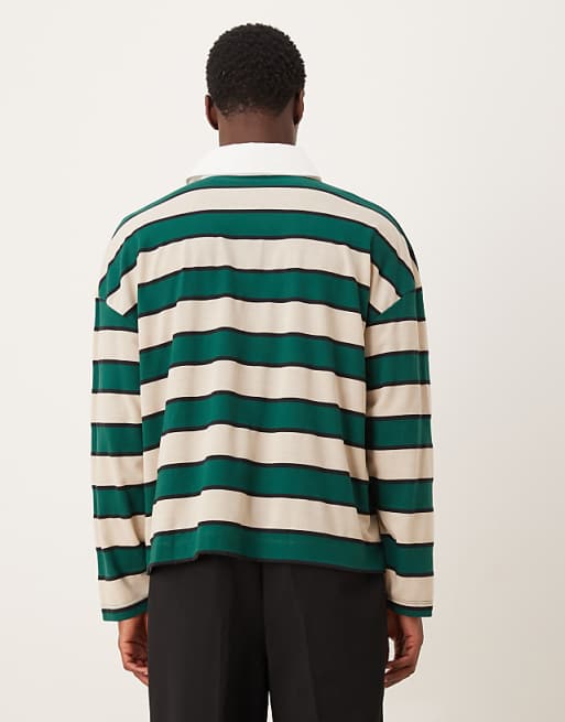 DESIGN Boxy Oversized Long Sleeve Rugby Polo With Dropped Shoulder In Green And White Stripe