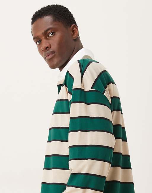 DESIGN Boxy Oversized Long Sleeve Rugby Polo With Dropped Shoulder In Green And White Stripe