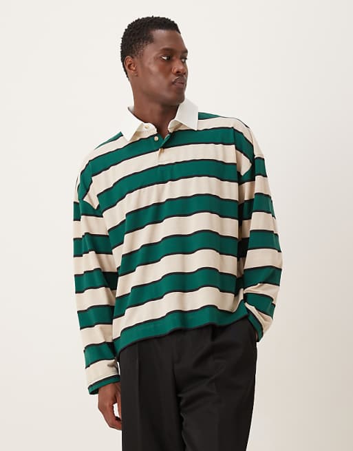 DESIGN boxy oversized long sleeve rugby polo with dropped shoulder in green and white stripe