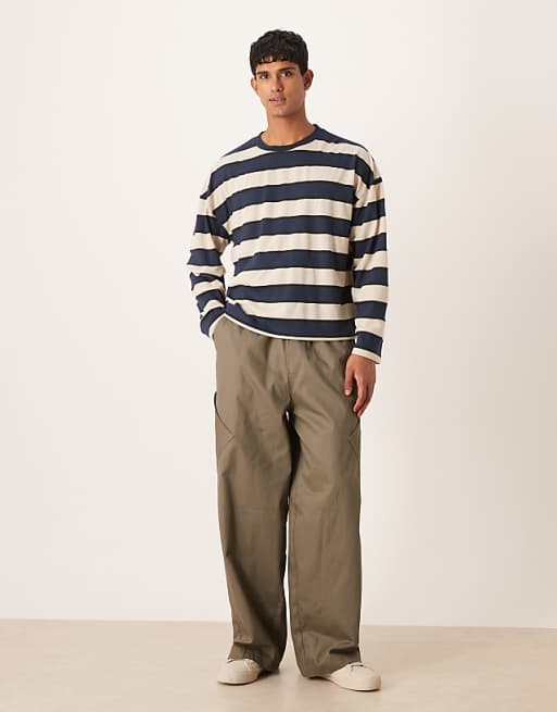 DESIGN Boxy Oversized Long Sleeve T-shirt With Dropped Shoulder In Blue And Brown Stripe