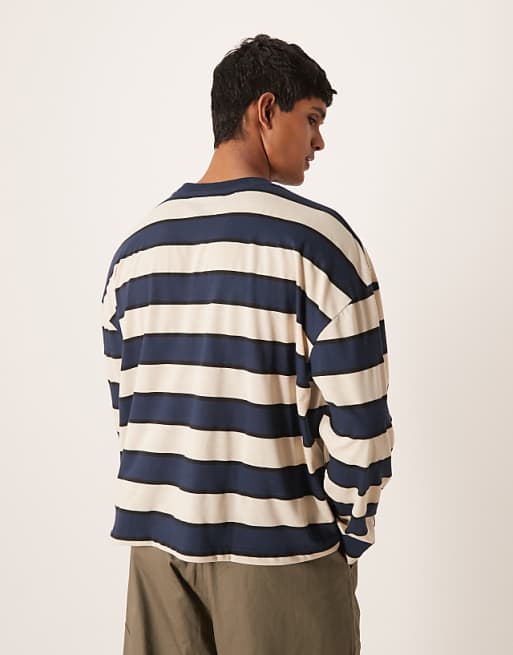 DESIGN Boxy Oversized Long Sleeve T-shirt With Dropped Shoulder In Blue And Brown Stripe