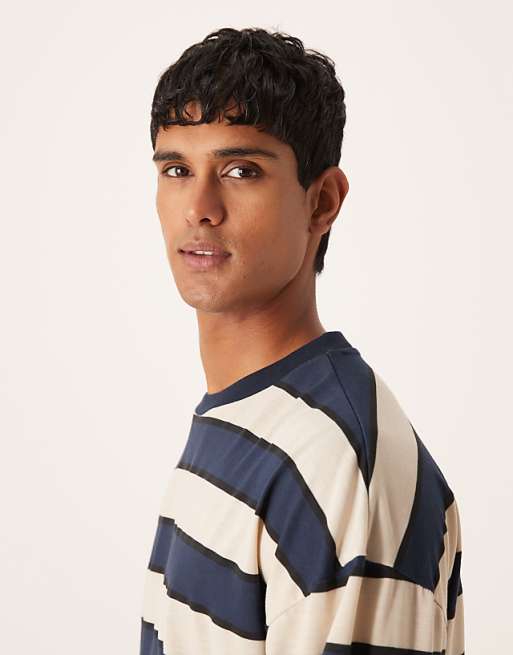 DESIGN Boxy Oversized Long Sleeve T-shirt With Dropped Shoulder In Blue And Brown Stripe